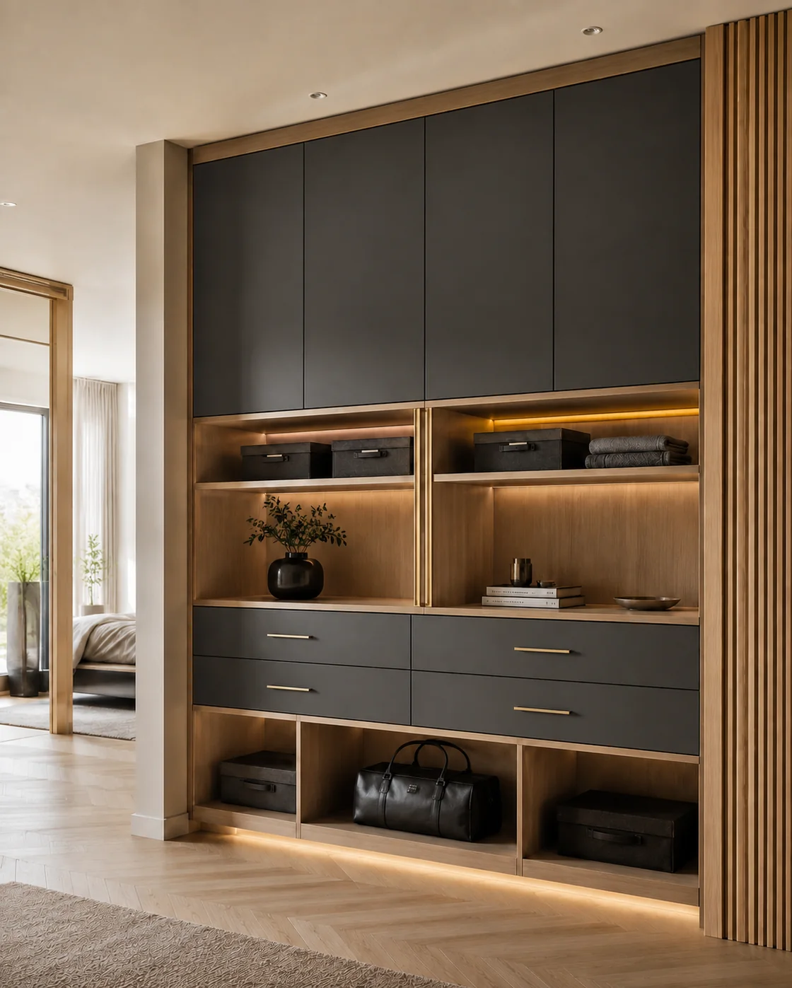 Custom black and warm wood wardrobe with integrated storage and lighting